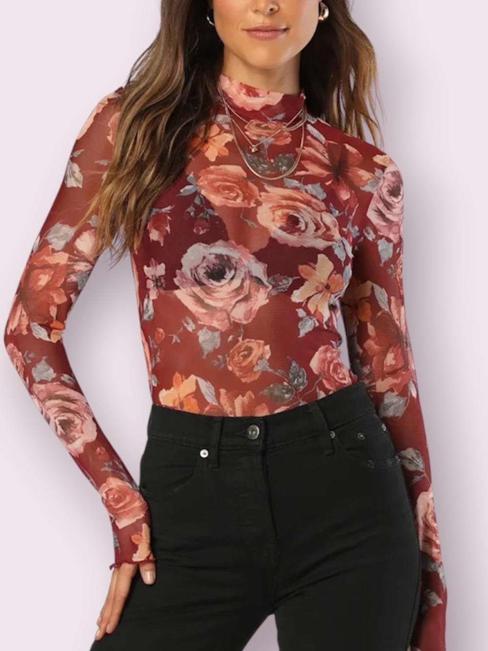 Lulus Love Burgundy Floral Print Sheer Mesh Long Sleeve Top Size Medium